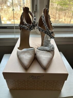 Badgley Mischka Ivory Satin Pointed Heels with Crystal Ankle Straps